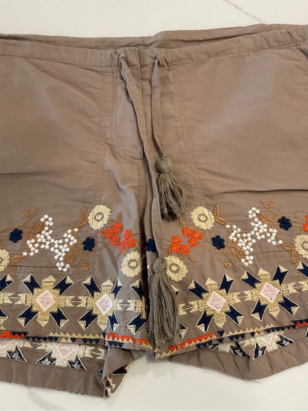 Tolani Taupe Embroidered Drawstring Shorts with Tassels